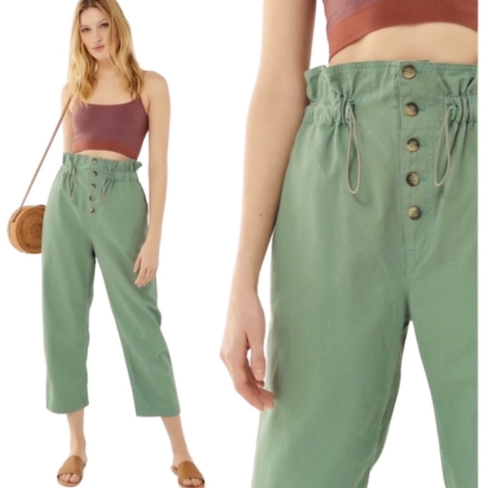 Urban Outfitters Sage Green Paperbag Waist Wide Leg Button Fly Pants Large